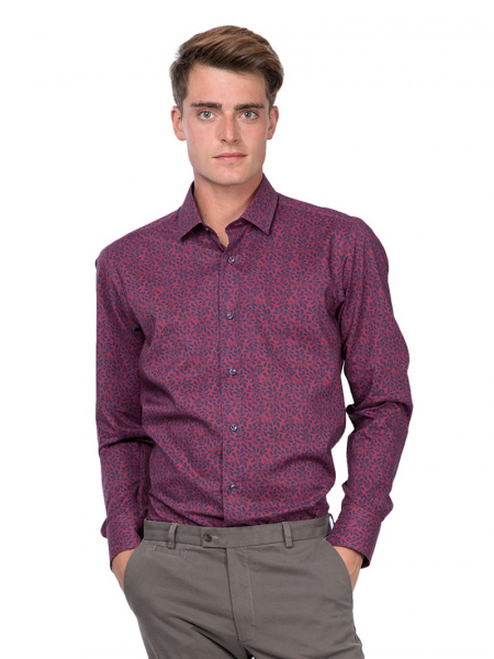 Бордовая сорочка Dave Raball Slim fit с принтом синие цветочки 009345 