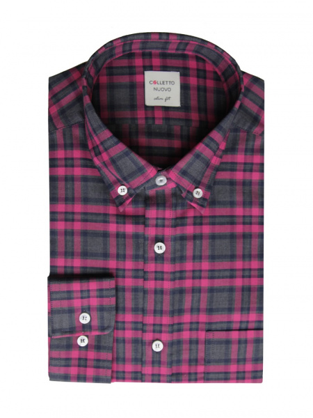 Рубашка Colletto Nuovo Slim fit в серо-малиновую клетку воротник на пуговицах 012198