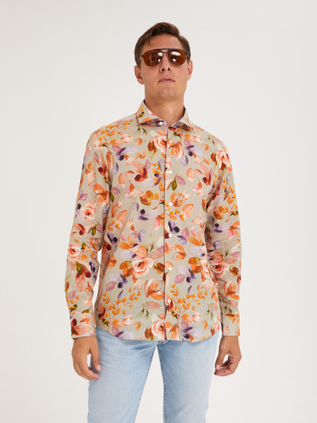 Рубашка Colletto Nuovo Classic fit цветочный принт лен вискоза мягкий воротник 000194 