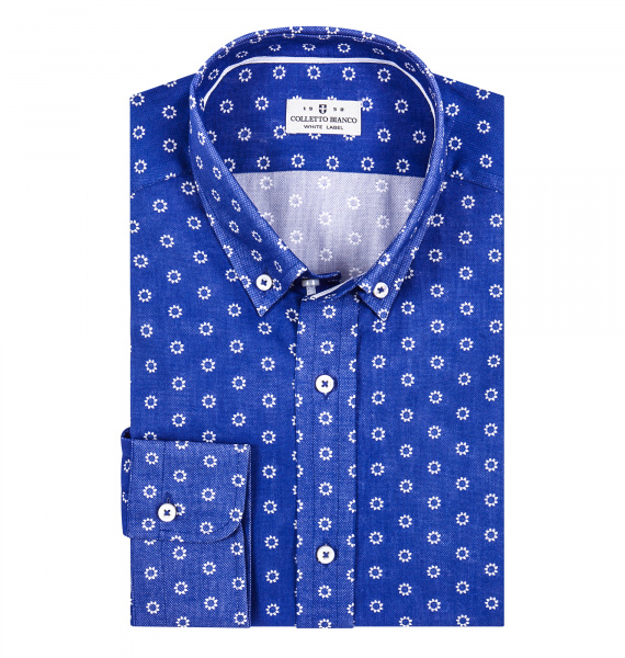Синяя рубашка Colletto Bianco Slim fit с принтом белые цветы из ткани Tessitura Monti 007418 SF 