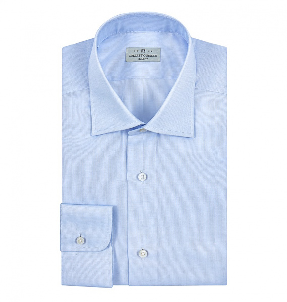 Голубая сорочка Colletto Bianco Slim fit микроклетка из структурной ткани Albini 007575 SF 