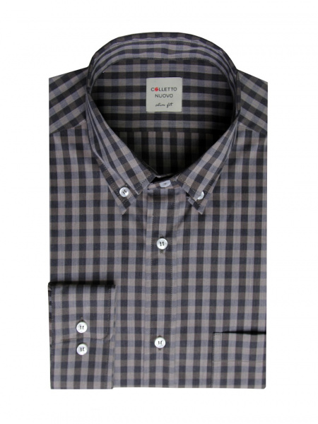 Рубашка Colletto Nuovo Slim fit в серо-коричневую клетку воротник на пуговицах карман хб/эл 012197