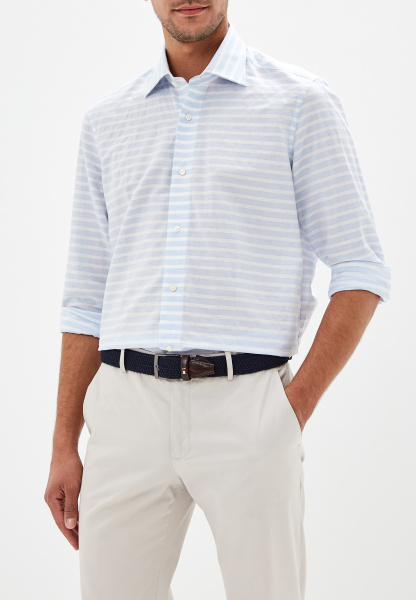 Сорочка Colletto Bianco Slim fit в бело-голубую полоску из структурной ткани хлопок лен 007427