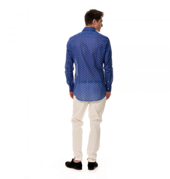 Синяя рубашка Colletto Bianco Slim fit с принтом белые цветы из ткани Tessitura Monti 007418 SF 