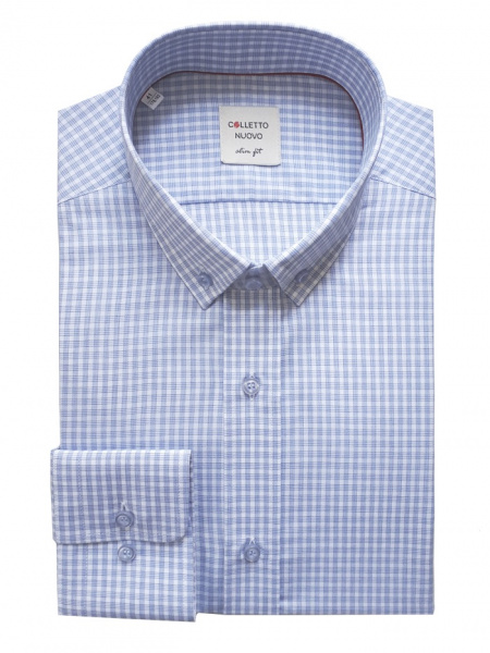 Голубая сорочка Colletto Nuovo Slim fit в клетку воротник на пуговицах N012179
